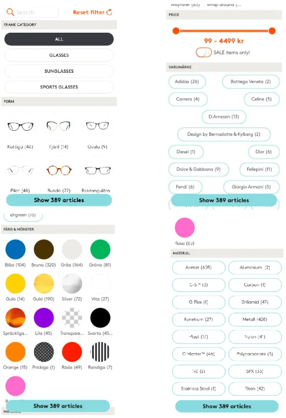 Figure 5. Different filters in the App (Frame Category, Form, Price, Brand, Material, Colour and Design)