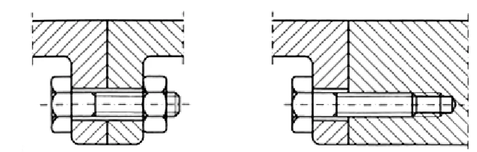 Figur 4: Skruvförband med mutter (t.v.) och gängat i godsmaterial (t.h.) [5, s.481]