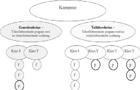 Figur 6:1 Urval på olika nivåer - kommun, skolor/program samt fallstudieelever (flickor och pojkar).