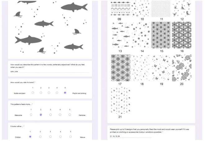 Fig. 51 below shows the example of an answer sheet to corresponding questions of one  pattern (left), submitted by one testing person and their feedback to the whole catalogue  (right) which was asked for at the end of the questionnaire