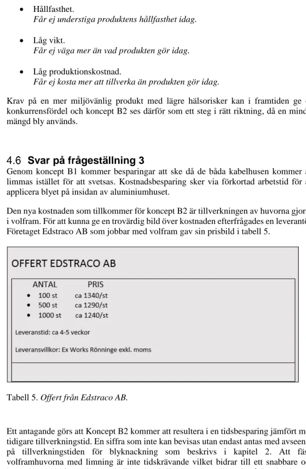 Tabell 5. Offert från Edstraco AB. 