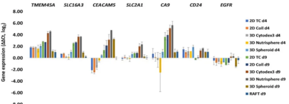 Figure 4. Gene expression changes after 4 (d4) and 9 days (d9) of culture under different 2D and 3D conditions