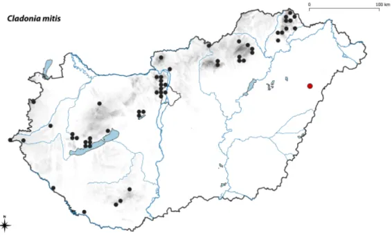 Fig. 1. Known occurrences of Cladonia mitis in Hungary.