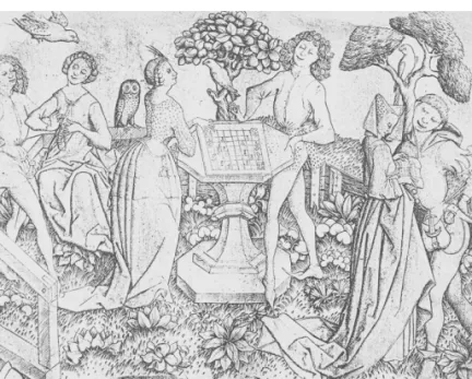 2. kép. ES mester: Szerelemkert, 1450–67 körül, rézmetszet, 165×208 mm, British Museum, London, ltsz: 1845,0809.135