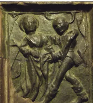 5. kép. A nő és bolond párosát mutató zöldmázas kályhacsempe Besztercebányáról, a 16. század elejéről, 26,5×22,5×10 cm, magángyűjtemény.