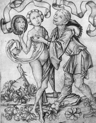 6. kép. ES mester: A meztelen Vénusz egy bolond kíséretében, 1450–66 körül, rézmetszet, 144×113 mm, Staatliche Kunssammlungen Dresden, Kupferstich-Kabinett, Drezda, ltsz