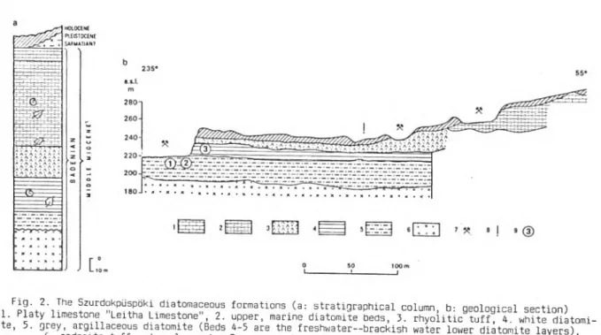 Fig. 2. The Szurdokpüspöki  diatomaceous formations  (a:  stratigraphical column,  b:  geological  section) 1