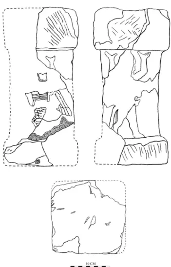 2. kép: A BM 1930-5-8,218-as füstölőállvány halembert ábrázoló harmadik oldala (balra),  a bikaembert ábrázoló negyedik oldala (jobbra), valamint az állvány talpa (lent) (saját rajzok).