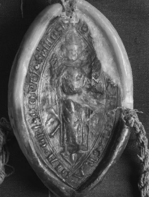 1. kép:  Péter veszprémi püspök (1275–1287) pecsétje (DL 1025. –  őrzési hely: Magyar Nemzeti Levéltár Országos Levéltára)