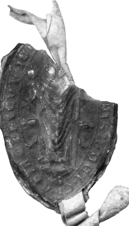 2. kép: Dénes győri püspök (1270–1285) pecsétje (DF 243 668. – Magyar Tudományos Akadémia Könyvtára,  Kéziratt ár: Oklevélgyűjtemény  22