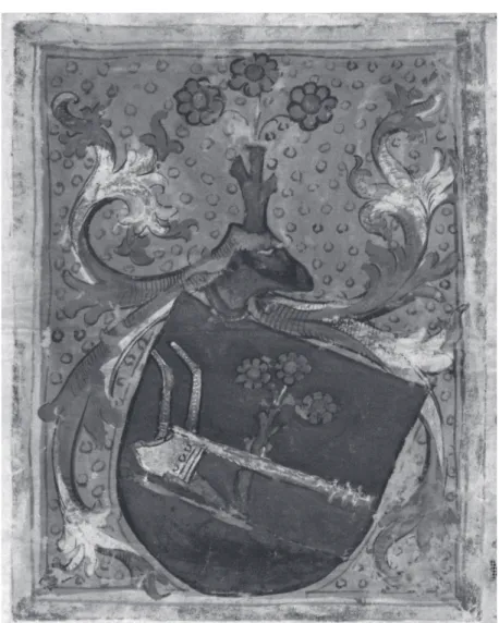 2. kép: Szentei (Sárói) Mátyás és rokonai címere V. László király 1456. január 31-i címereslevelén (DL 50530