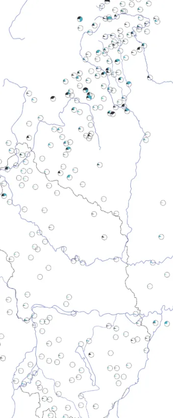 2. térkép: Aβ-k ésv-kelőfordulási gyakorisága a nyelvatlaszokban (MNyA., RMNyA., MCsNyA.)  A térképet VARGHA FRUZSINA SÁRA készítette