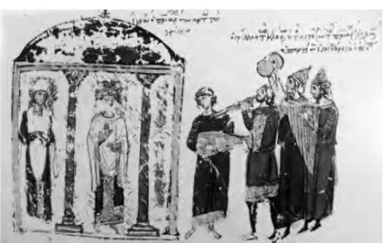 Fig. 1 : Miniature du fol.78v du manuscrit de la Chronique illustrée de Jean Skylitzes  de Madrid, fi gurant Gryllos et sa troupe se moquant du patriarche Ignatios (reprod