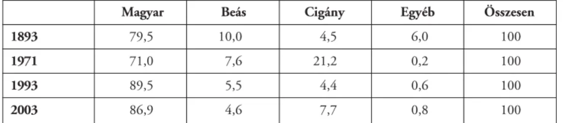 13. táblázat: Cigányok anyanyelv szerinti megoszlása 1893-ban, 1971-ben, 1993-ban és 2003-ban