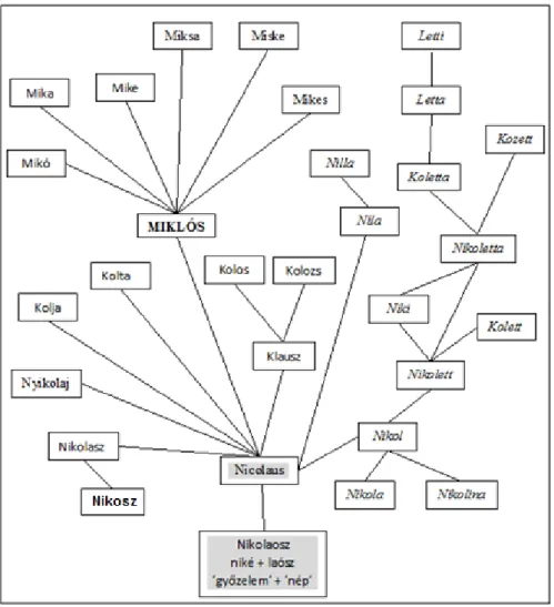 3. ábra. A Miklós név rokon nevei (F ERCSIK –R AÁTZ  2017: 203; bővített változat) 