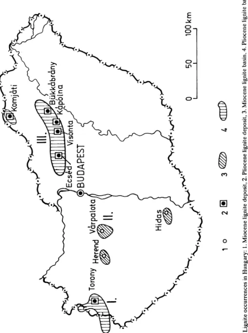 Fig. 1. Lignite occurrences in Hungary: 1. Miocene lignite deposit, 2. Pliocene lignite deposit, 3