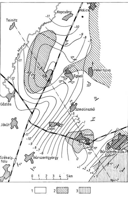 Fig.  3.  Geological  and  gravity  anomaly  map  of  the  Egbell  area.  The  first  application  of geophysical  measurements  to oil  exploration  (by the torsion  balance  of  L
