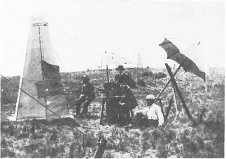 Fig. 5. The very first field measurement by torsion balance, on Sághegy Hill, Hungary, in 1891 (the observer is L