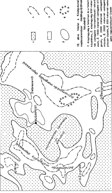 15. ábra.Vázlat aKözép-dunai- medencerendszer üledékgyűjtőinek fekvéséről 1.Alaphegysóg a felszínen és a felszín közelében, 2