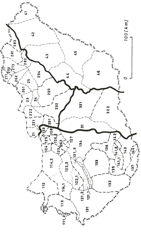 7. ábra. Magyarország földtani tájai tizedes beosztásban (Szebényi L. után)