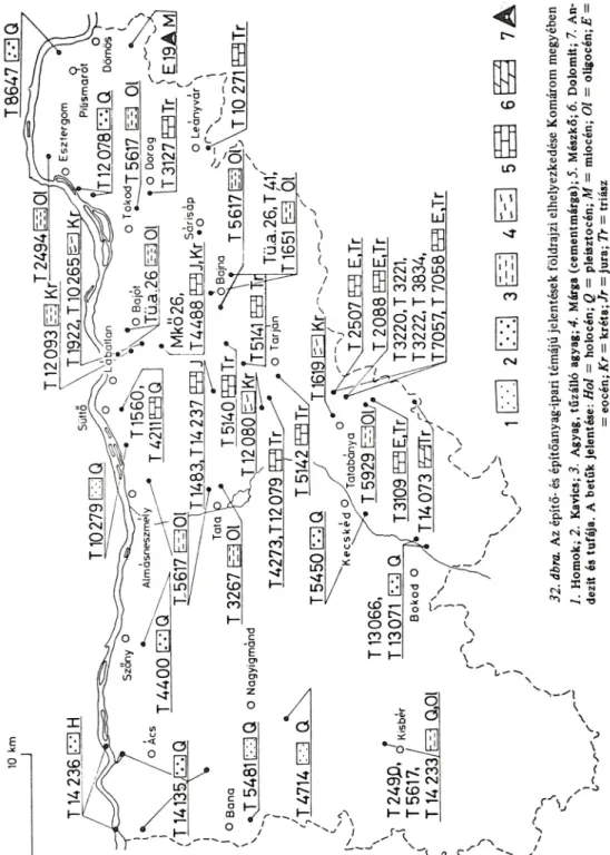 32. ábra. Az építő- és építőanyag-ipari témájú jelentések földrajzi elhelyezkedése Komárom megyében 1