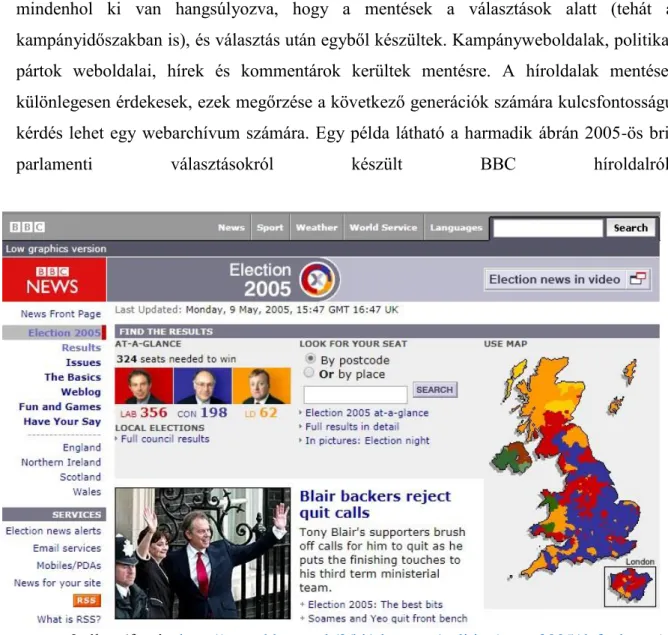 3. ábra (forrás: http://news.bbc.co.uk/2/hi/uk_news/politics/vote_2005/default.stm)  A webarchívum linkje a BBC saját archívumára tereli az érdeklődőt