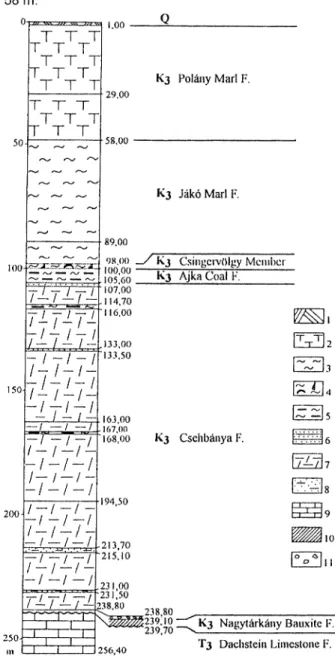 Fig. 2.  Lithostratigraphy of the borehole Bakonyjákó 528 1 Soil; 2 Calcareous marl; 3 Marl; 4 Molluscan clay-marl; 5 Coaly clay-marl; 