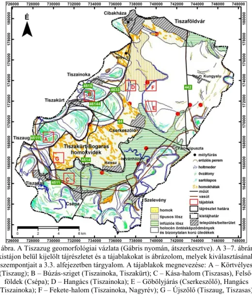 3. ábra. A Tiszazug geomorfológiai vázlata (Gábris nyomán, átszerkesztve). A 3–7. ábrán a  kistájon belül kijelölt tájrészletet és a tájablakokat is ábrázolom, melyek kiválasztásának 