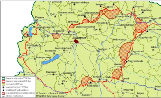 4. ábra.   A trianoni békeszerződés következtében vonzásközpontjukat vesztett területek  Magyarországon