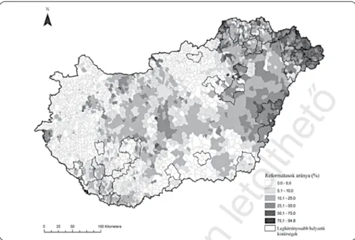 3. ábra. A leghátrányosabb helyzetű kistérségek és a református közösségek által lakott  területek összefüggései 2011-ben