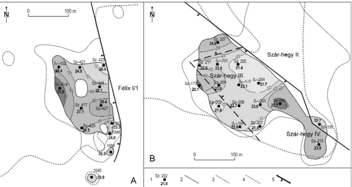 Figure 29. Isoline maps of the Fe 2 O 3 content of bauxite in the boreholes of selected lenses