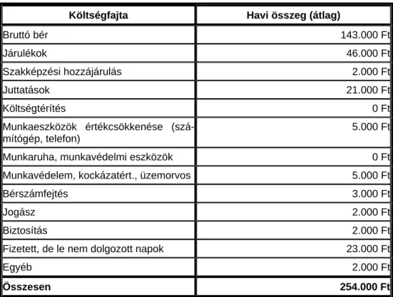 7. táblázat: adminisztratív munkaerĘ foglalkoztatásának költsége a 2009-es minimálbér  kétszeresével megegyezĘ bruttó bér esetén 