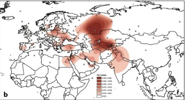 Térkép 2. Honfoglalók genetikai távolsága mai populációktól. Csősz, 2016 