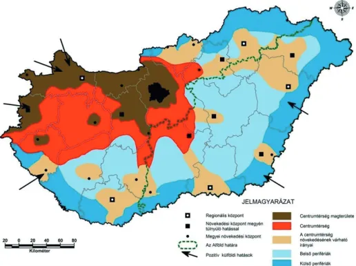 2. térkép: Centrum és periféria viszonyok Magyarországon a ’90-es évek közepén (Szerkesztette: Süli-Zakar István)