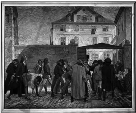15. kép: Az utca népe Friedrich Schiller székfoglaló előadására készülve 1789-ben  Erich Kuithan festménye – elhelyezve a jénai egyetem rektori tanácstermében  Forrás: 