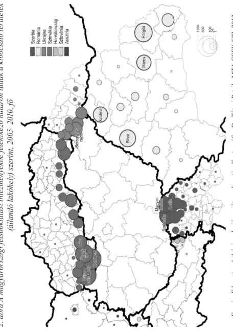 2. ábra A magyarországi felsőoktatási intézményekbe jelentkező határon túliak a kibocsátó területek  (állandó lakóhely) szerint, 2005–2010, fő Forrás:Educatioadatbázisa alapján saját szerkesztés; Kartográfia: Dr