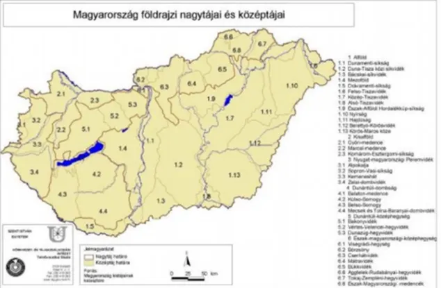 2. ábra Magyarország földrajzi nagytájai és középtájai (Kohlheb-Podmaniczky-Skutai, 2009)