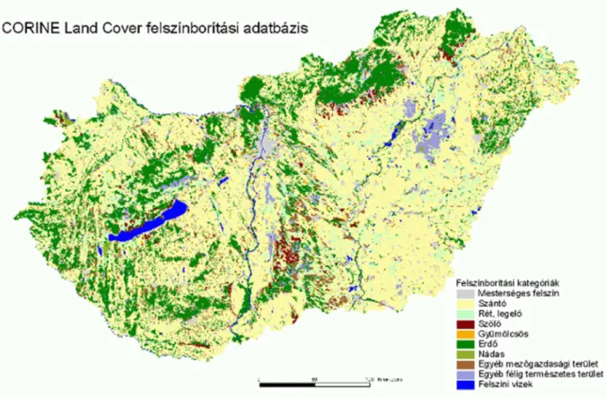 7. ábra: CORINE adatbázis. (Forrásadatbázis a FÖMI térképi adatbázisa, M=1:100 000) 