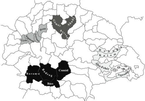 1. ábra: Az Árpád­kori Magyarország vizsgálatra kijelölt területei