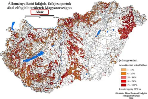 2. ábra: Az akác elterjedtsége a hazai erdőterület százalékában.  