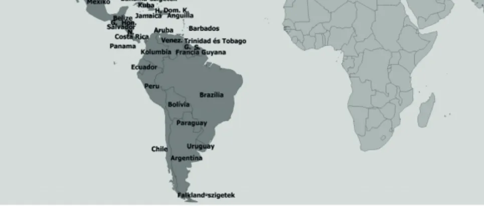 4. ábra: Latin-Amerika kultúrrégiójához tartozó országok  Forrás: Gazdaságföldrajzi tanulmányok közgazdászoknak, 
