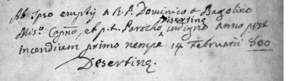 Abb. 3: Besitzeintrag in das Buch  Giardino fiorito di varii concetti  scritturali e morali (Mailand,  1674), mit einem Hinweis auf den  Klosterbrand 