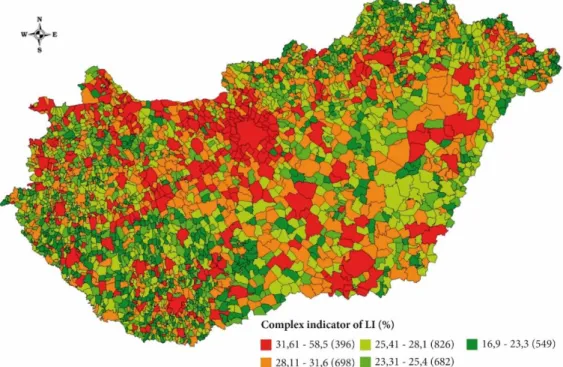 Figure  1  summarizes  the  main  findings  of  the  LeaRn  project.  It  shows  the  spatial  distribution of the HLI (Hungarian LeaRn Index)
