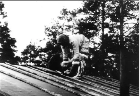 1. kép. A medveünnep egyik résztvevője a ház megnyitott  tetején adja be a medve fejét Lennart Meri filmjében.
