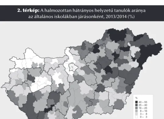 2. térkép: A halmozottan hátrányos helyzetű tanulók aránya   az általános iskolákban járásonként, 2013/2014 (%)
