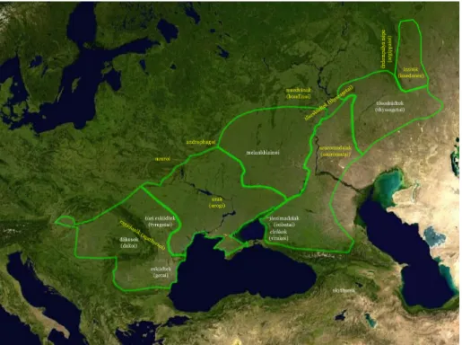 1. ábra. Délkelet- és Kelet-Európa pusztai népeinek szálláshelye az i. e. 5. században (A térkép a  Wikimedia Commons : Europe satellite orthographic.jpg nevű állomány származéka
