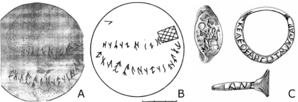 2. ábra. Az Iszik sírhalomból kiásot csésze feliratának fényképe (a), valamint a fénykép alapján  készítet rajz (b)