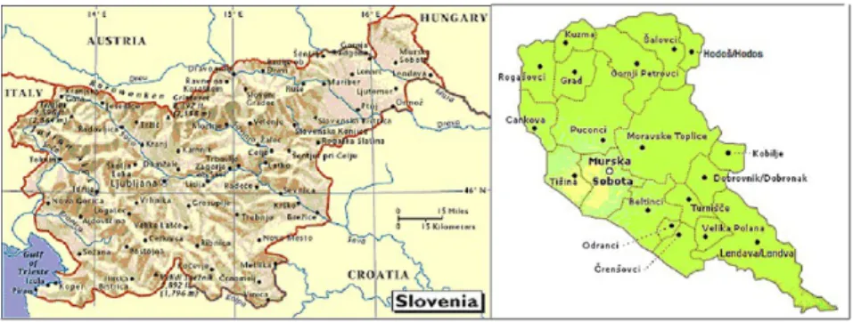 1–2. térkép: Szlovénia 3  – A Muravidék és közigazgatási egységei 4 A magyar nyelv a kétnyelvű területen a szlovén államnyelvvel  egyenran-gú, regionális hivatalos nyelv státusszal rendelkezik