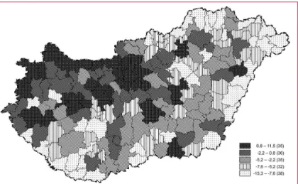 4. ábra: Az objektív jól-lét index értékei a magyar járásokban, az alapmodellben, azaz egységes dimenziósúlyok alkalmazása mellett, 2011-es adatok alapján