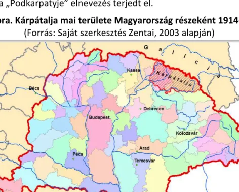 1. ábra. Kárpátalja mai területe Magyarország részeként 1914-ben  (Forrás: Saját szerkesztés Zentai, 2003 alapján) 